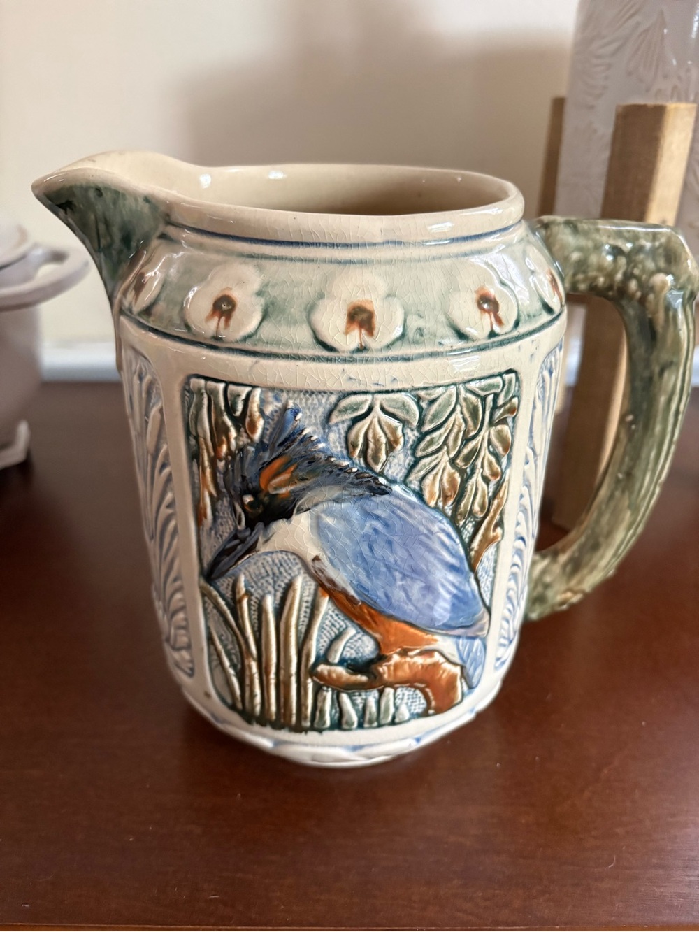 Weller Art Pottery Kingfisher Bird Pitcher Zona Forest Friends Bird Tree Jug